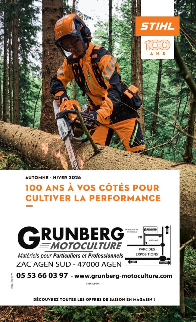 Catalogue STIHL pour l'automne-hiver 2026, montrant un élagueur équipé d'une tronçonneuse STIHL coupant un tronc en forêt, avec coordonnées du magasin Grunberg Motoculture