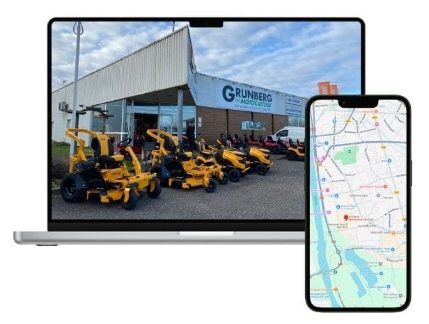 Présentation du magasin Grunberg Motoculture à Agen : photo de la devanture et carte GPS.