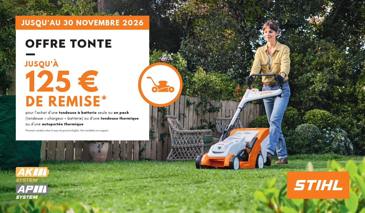 Affiche promotionnelle STIHL « Offre Tonte » valable jusqu'au 30 novembre 2026, proposant jusqu'à 125 € de remise sur les tondeuses, montrant une femme passant une tondeuse à batterie STIHL dans un jardin.